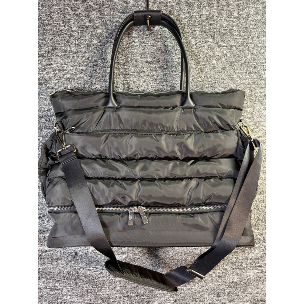Black Quilted Puffer Tote Bag Weekender Crossbody with Trolley Sleeve Travel Bag